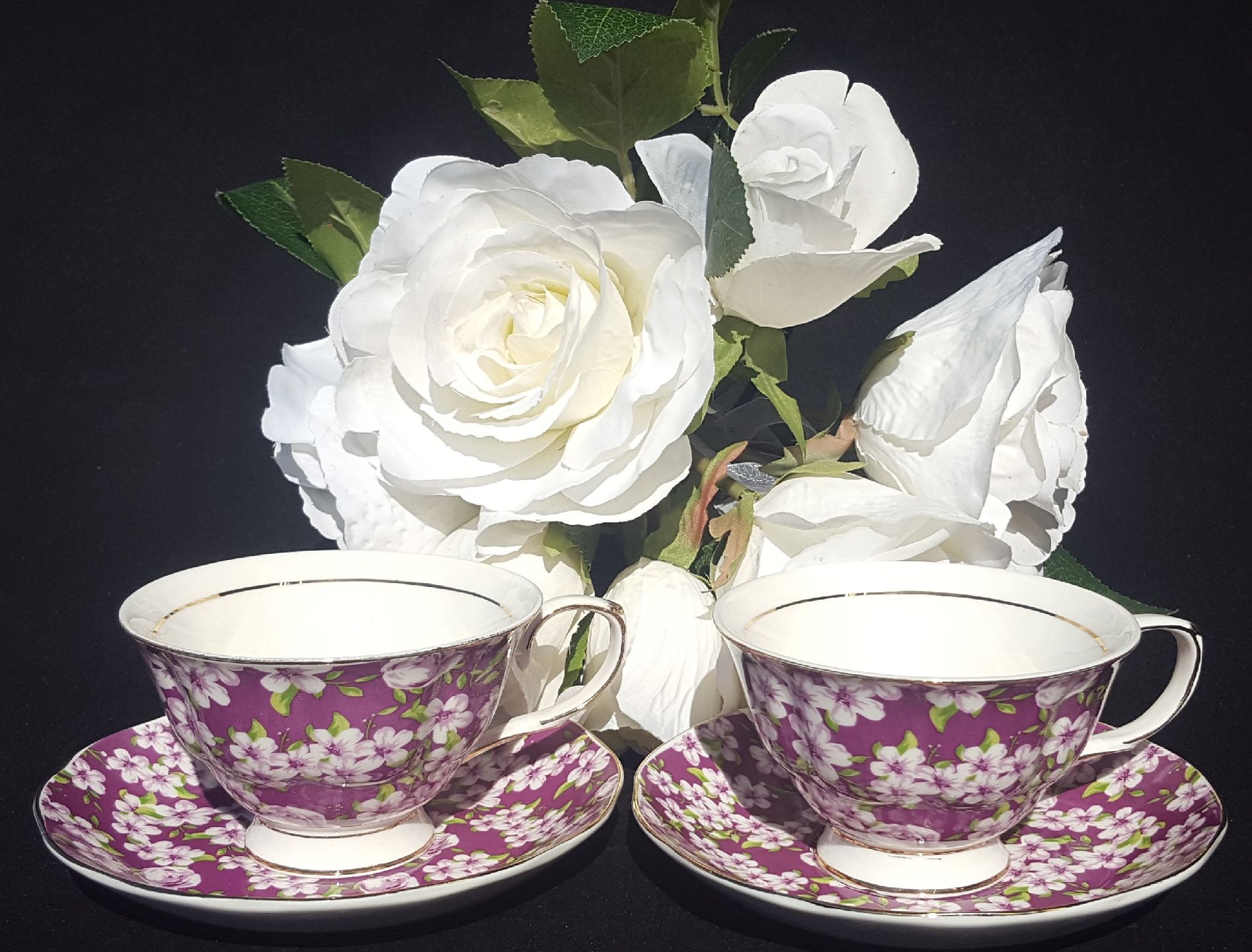 Violet Meadow 2 cup & saucer set - Click Image to Close