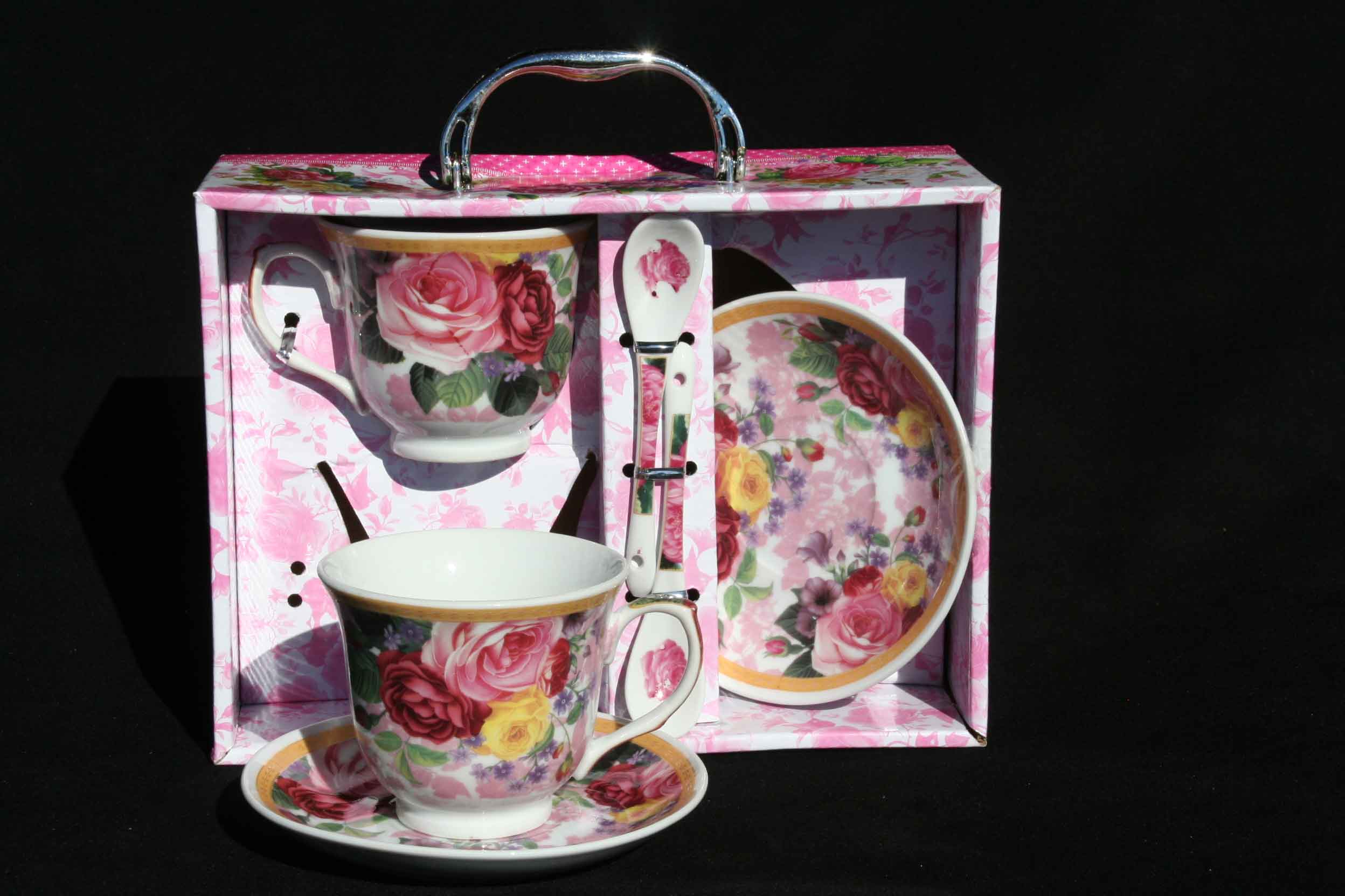 Pink Bloom Cavalier 2 Cup/Saucer &Spoon Set