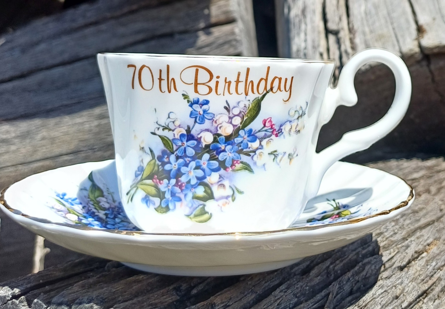 70th Birthday Cup and Saucer Set Forget Me Not - Click Image to Close