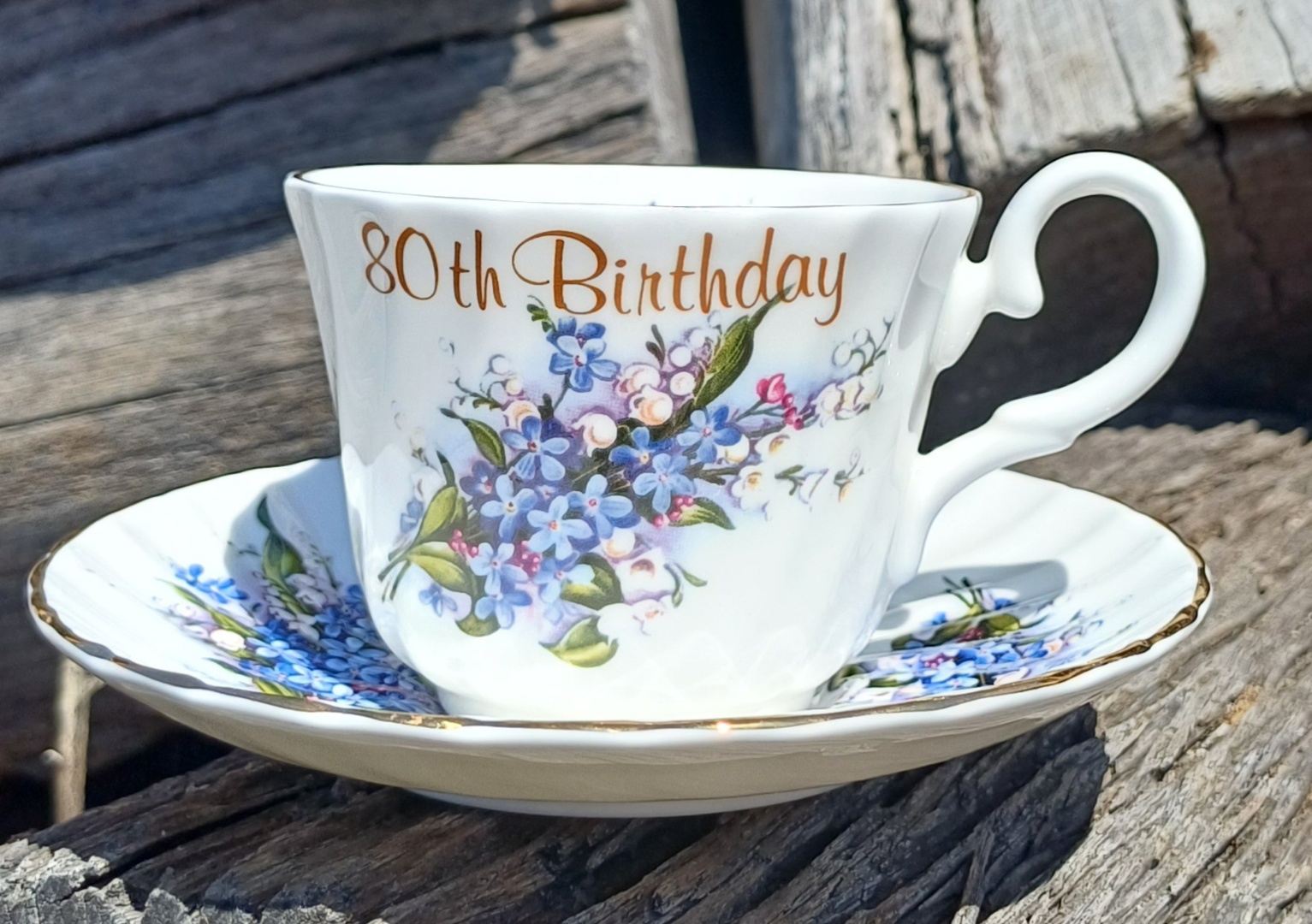 80th Bithday Cups and Saucer Set Forget Me Not - Click Image to Close