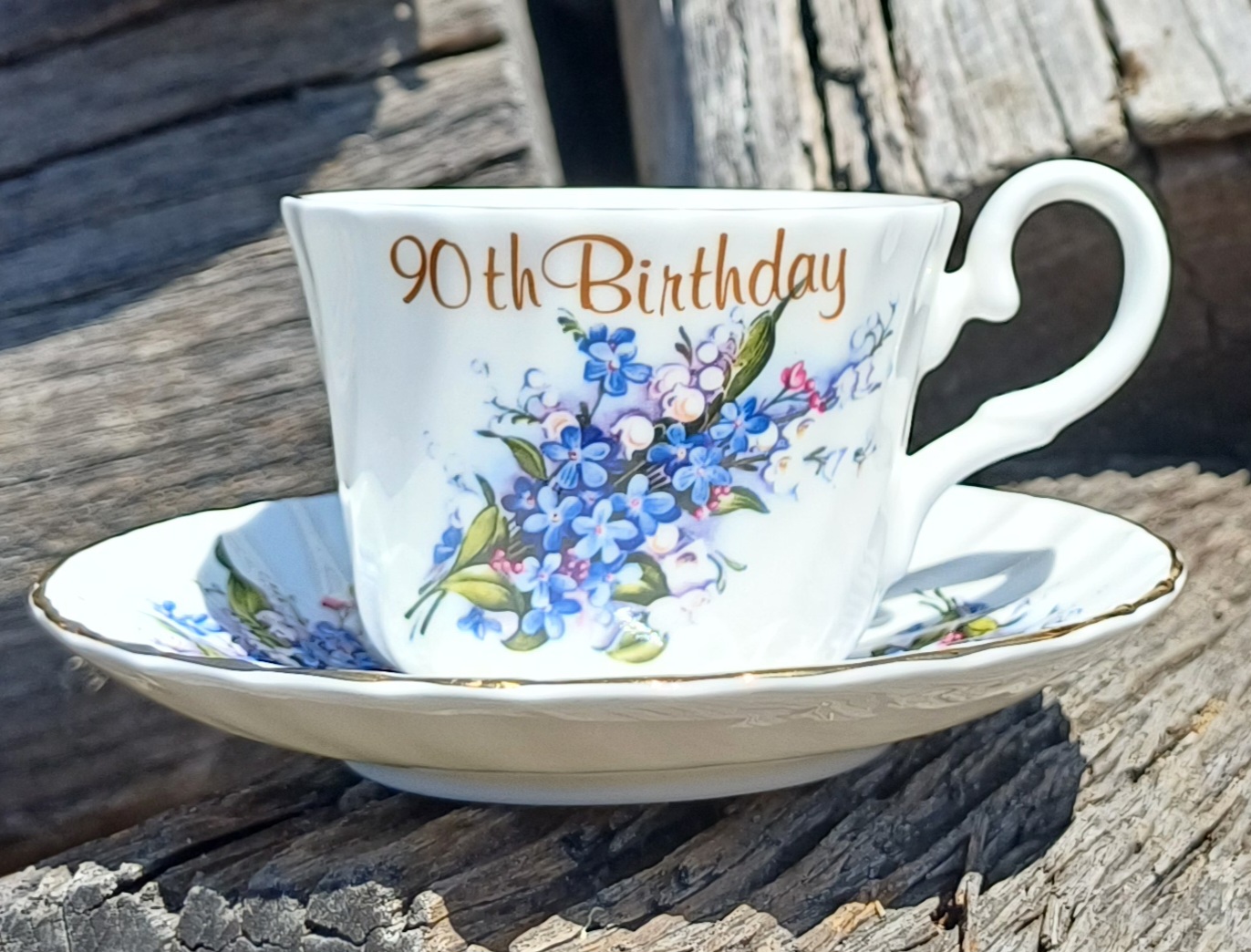 90th Birthday Cup and Saucer set Forget Me Not