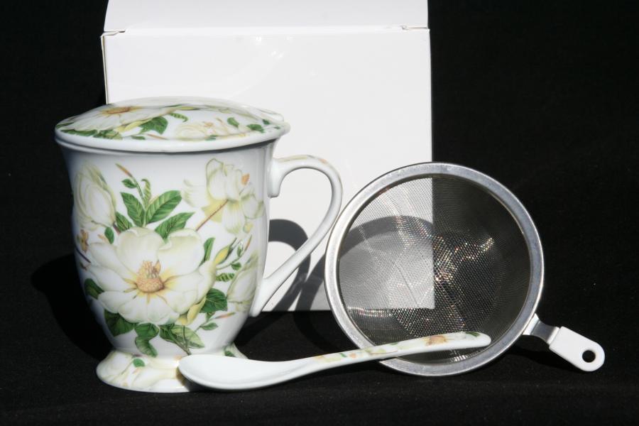 Chintz White Blossom Beaker with lid/spoon/infus