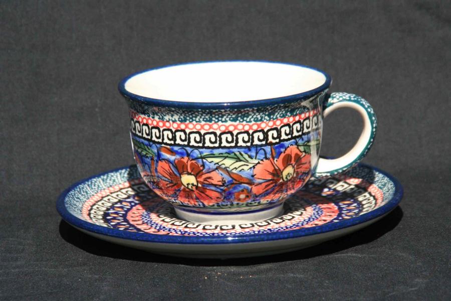 Boleslawiec Cup & Saucer set Red Flowers