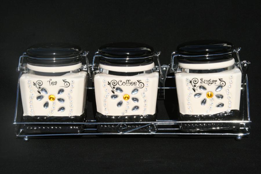Set of 3 Canisters with stand Diamond flower