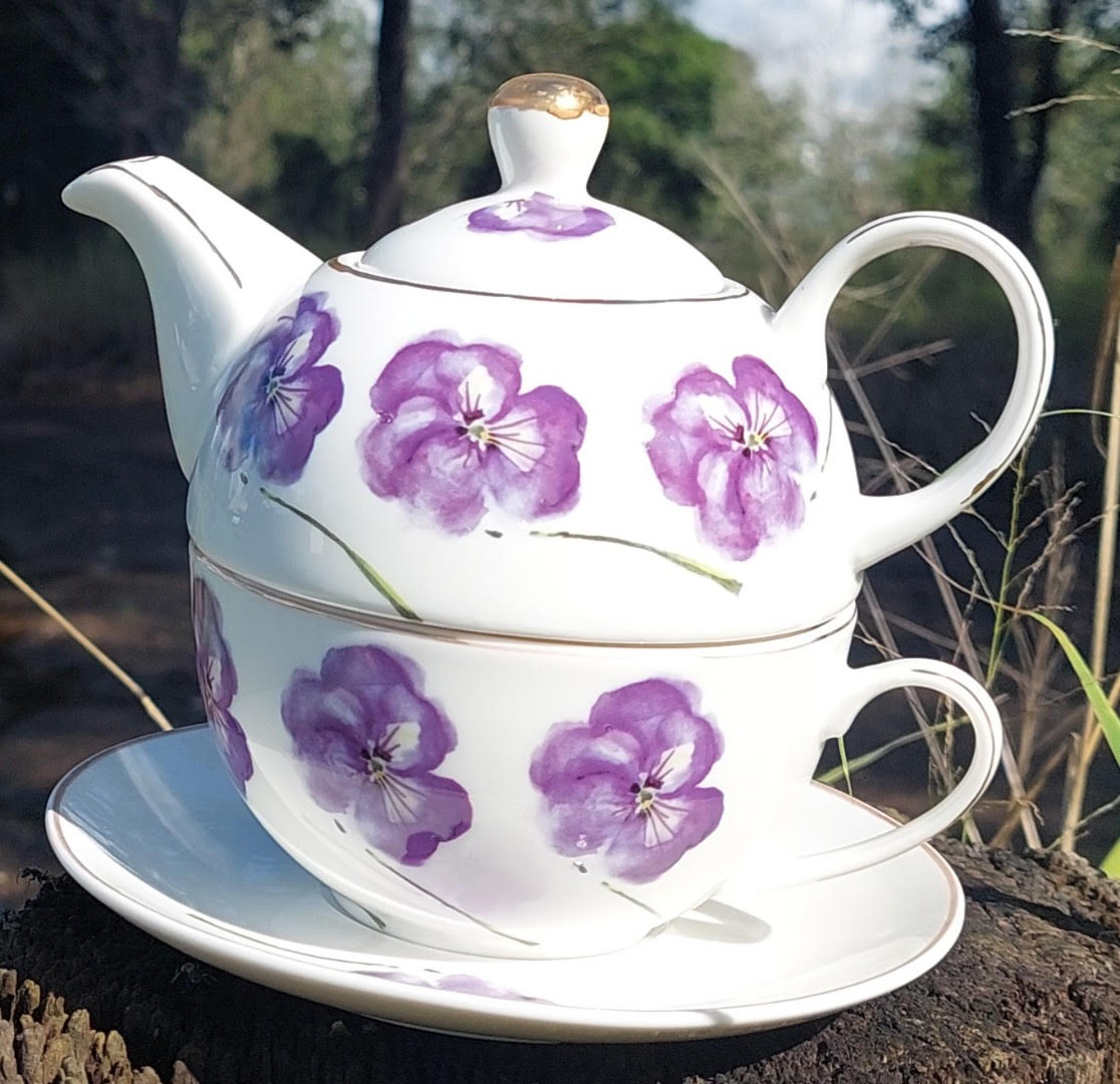 Purple Pansy Tea for One (Custom) - Click Image to Close