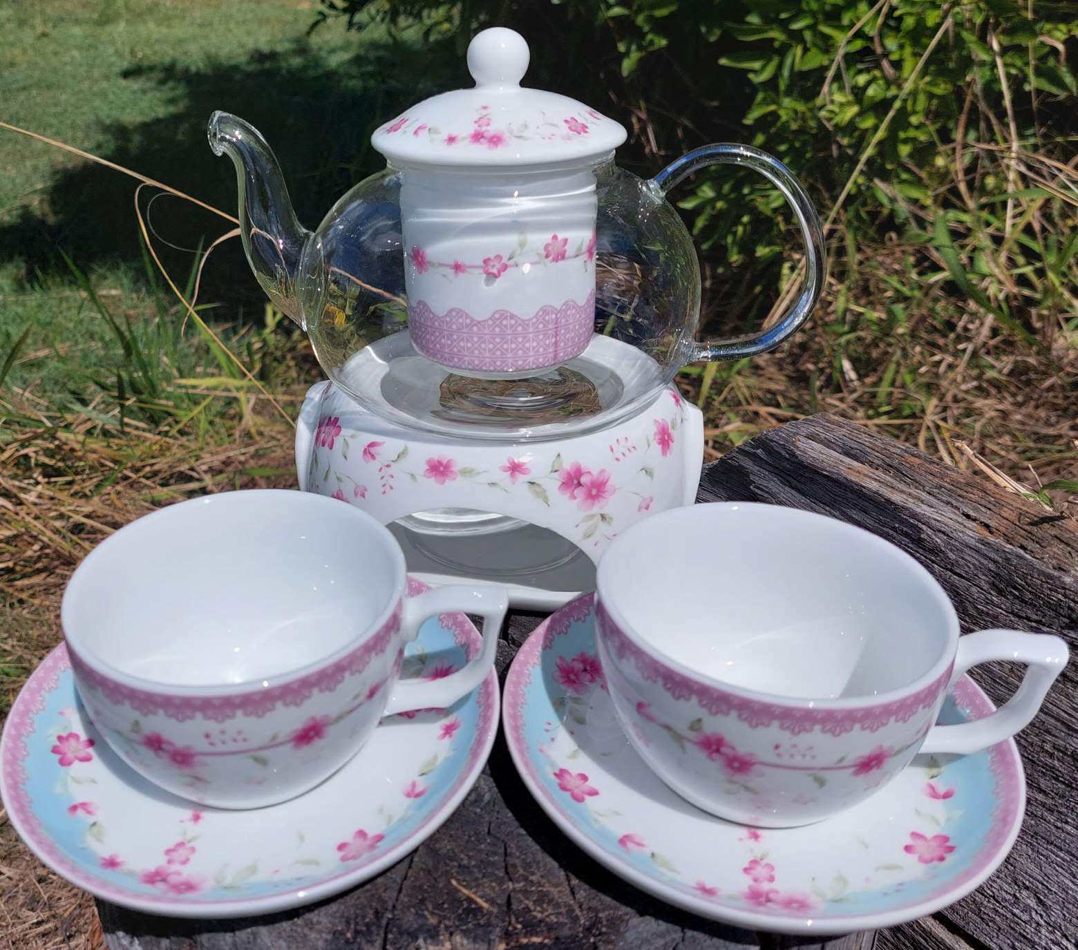Classic Pink Rose Infused Glass/Porcelain Tea Set 8Pc