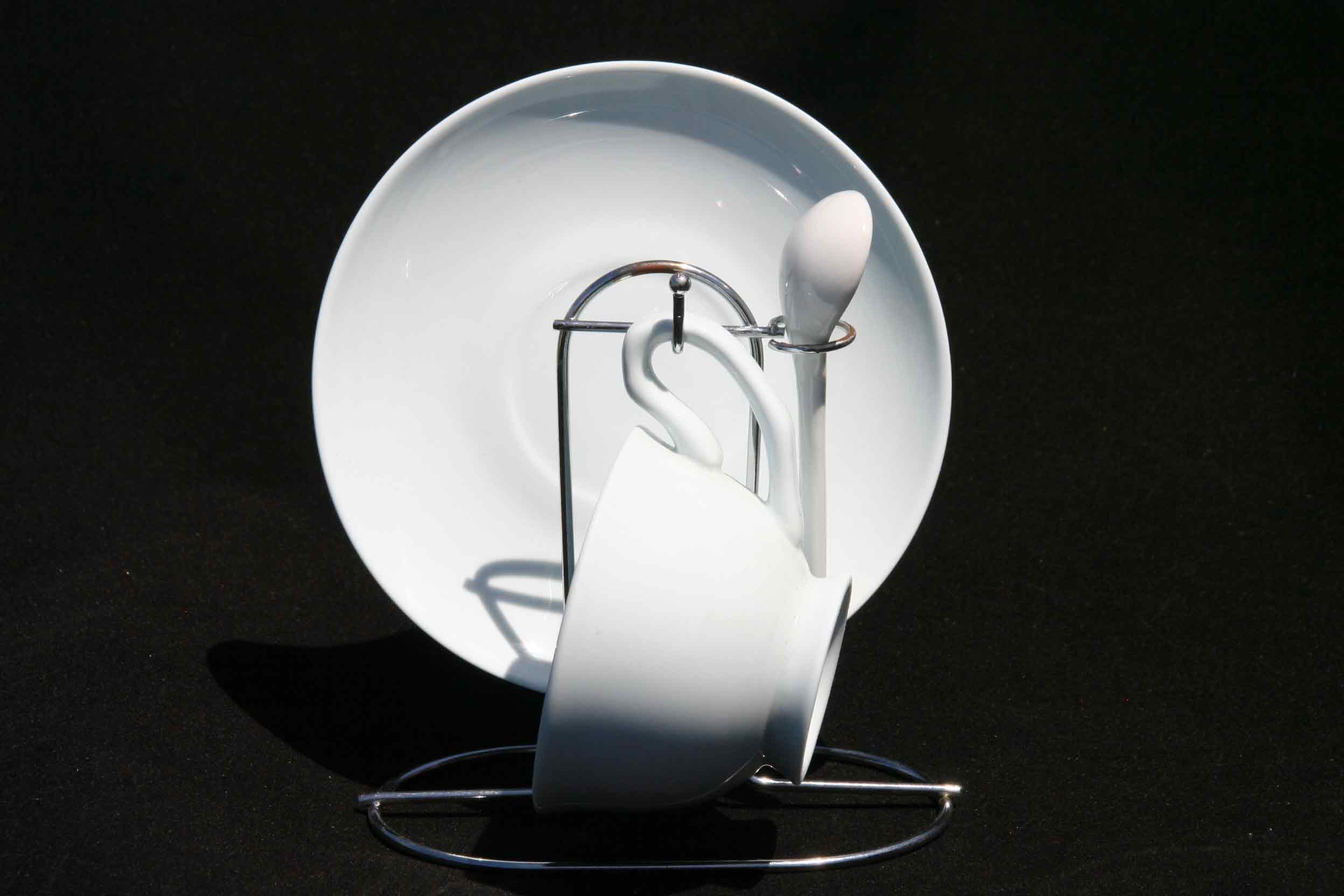 WHITE Small Cup/saucer/spoon & Stand - Click Image to Close